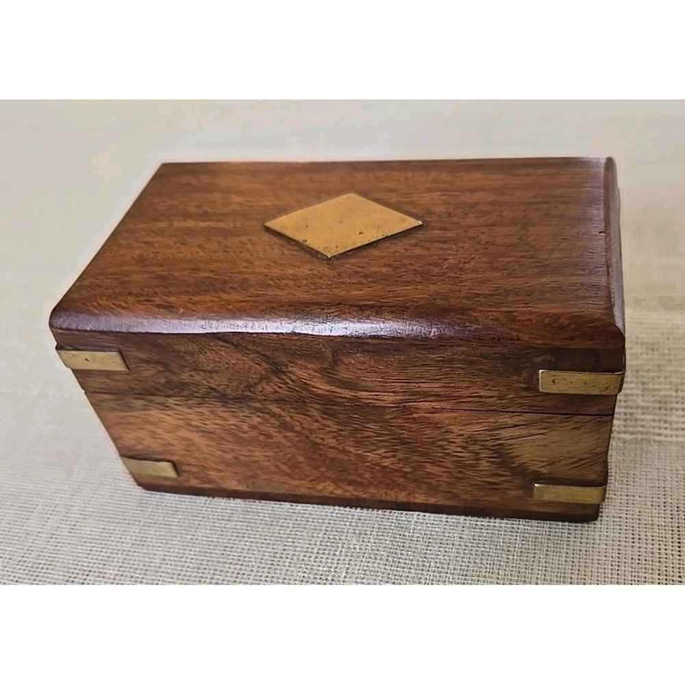 VTG Wooden Token/Keepsake/Trinket Box Hinged W/Brass Details 4"X2" VGUC